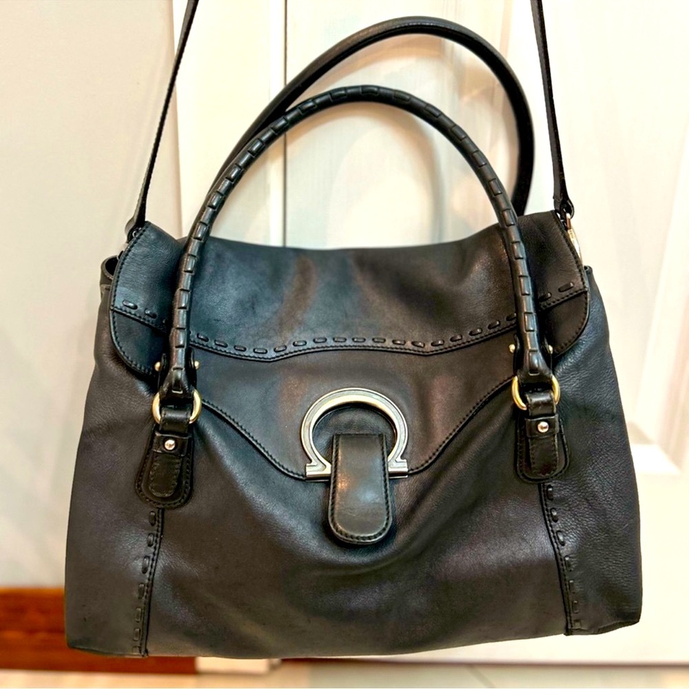Salvatore Ferragamo BLK Leather Satchel w/ crossbody strap